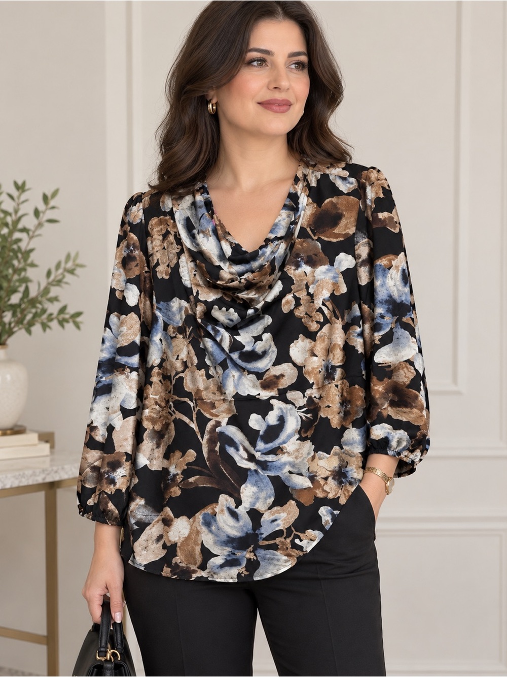 Anne Klein Black Floral Cowl Neck Blouse